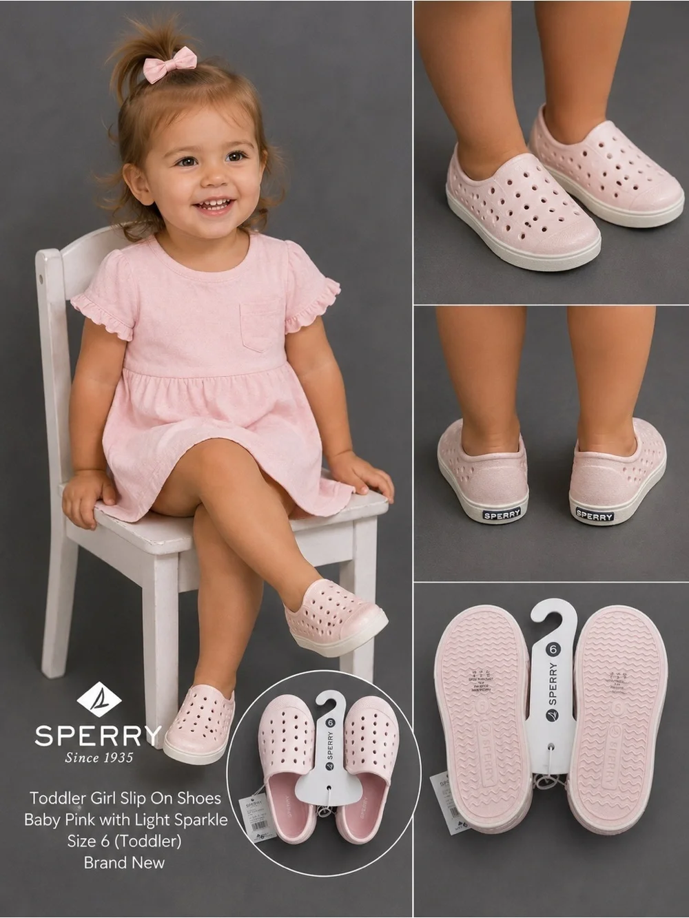 Sperry Toddler Girls Sea Wee Slip-On Shoes Baby Pink Sparkle Size 6 Brand New